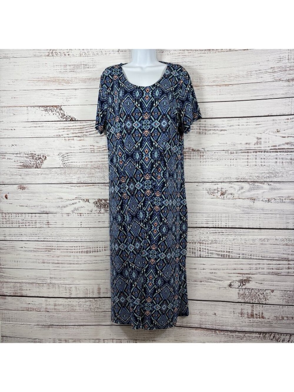 Coldwater Creek Blue Geometric Print Cap Sleeve Midi Dress